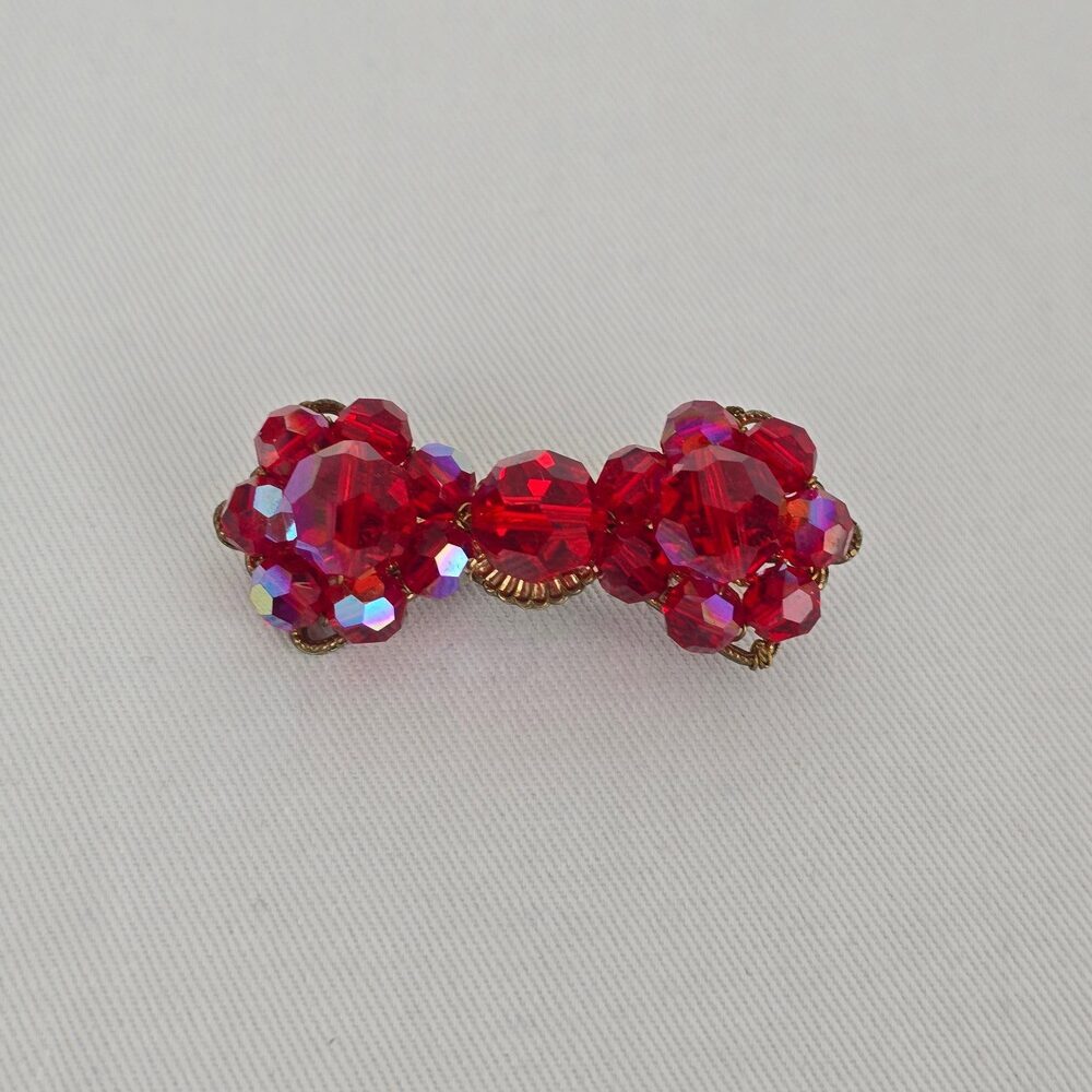 Vintage Style Red Crystal Bow Brooch Gold Tone Faceted Glass Rhinestone Pin